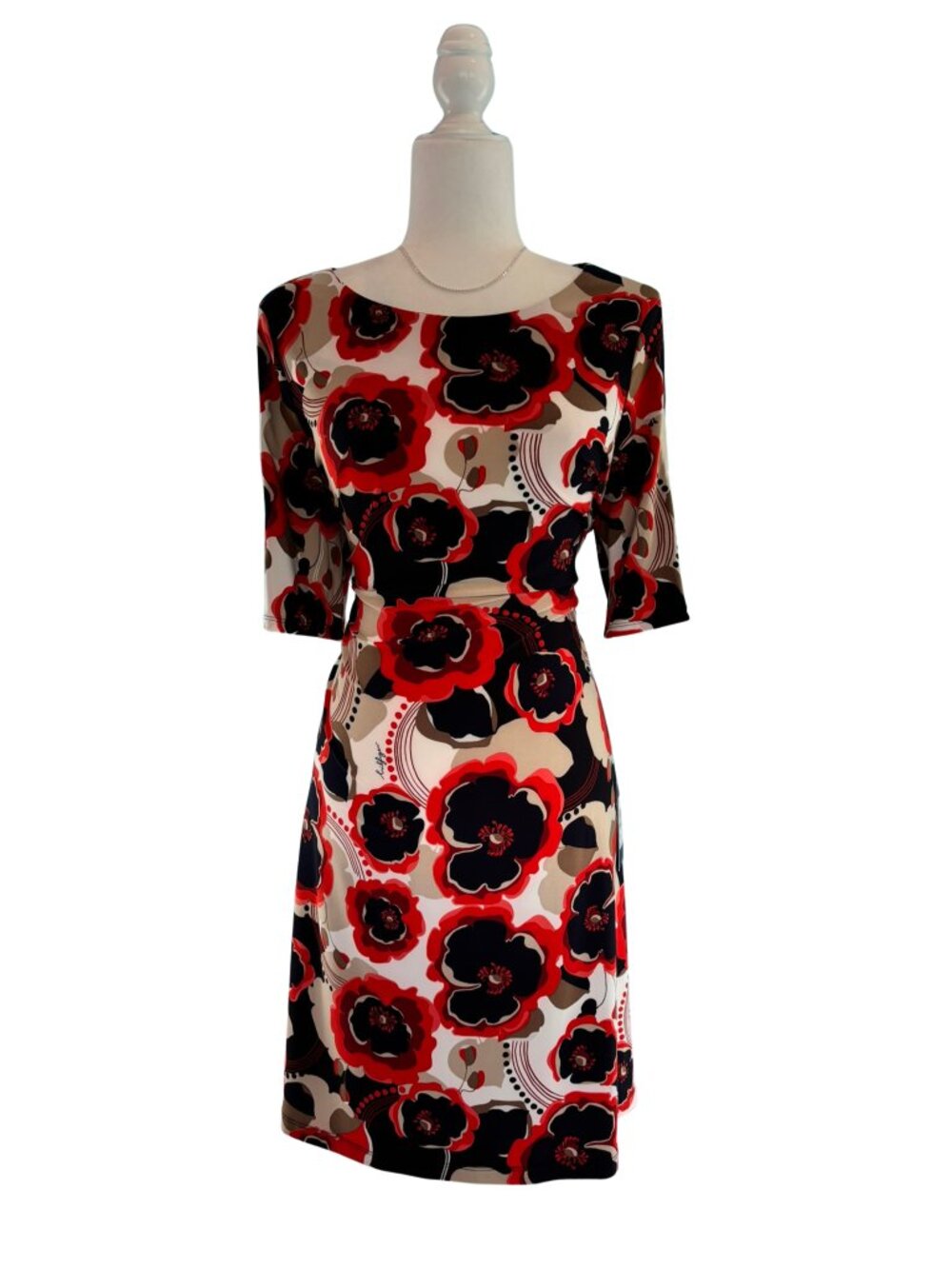 NWT Tommy Hilfiger Floral Sheath Dress Size 12 Red Black Beige 3/4 Sleeve